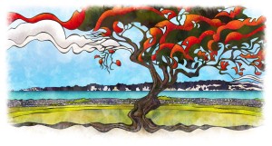 Pohutukawa with Cape Kidnappers by NZ Artist Sam Lewry