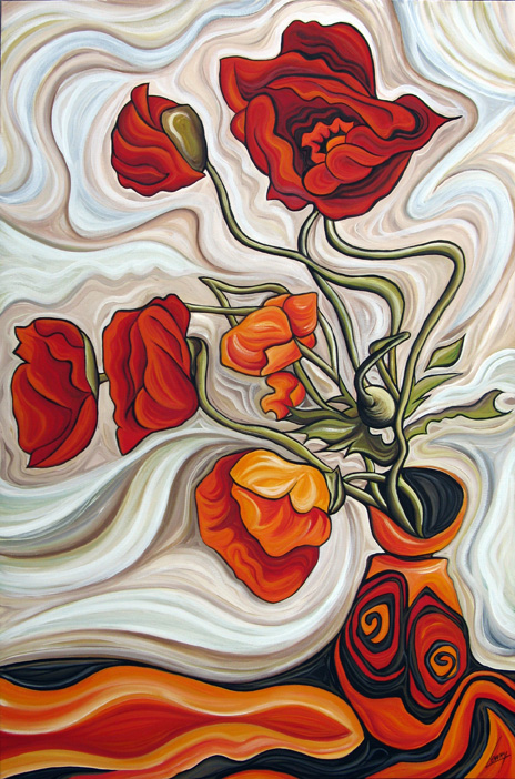 Poppies In Orange Vase By NZ Artist Sam Lewry